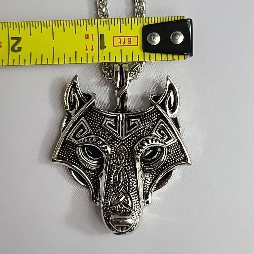 Nordic Viking Fenrir Wolf Head Stainless Steel Pendant Men's Necklace Norse NEW